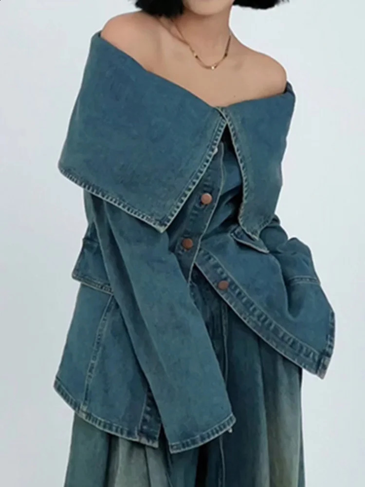 IEQJ sloping neck shoulder patch work denim jacket womens long sleeved single chest Vasilit blue jacket autumn 29L253 240906
