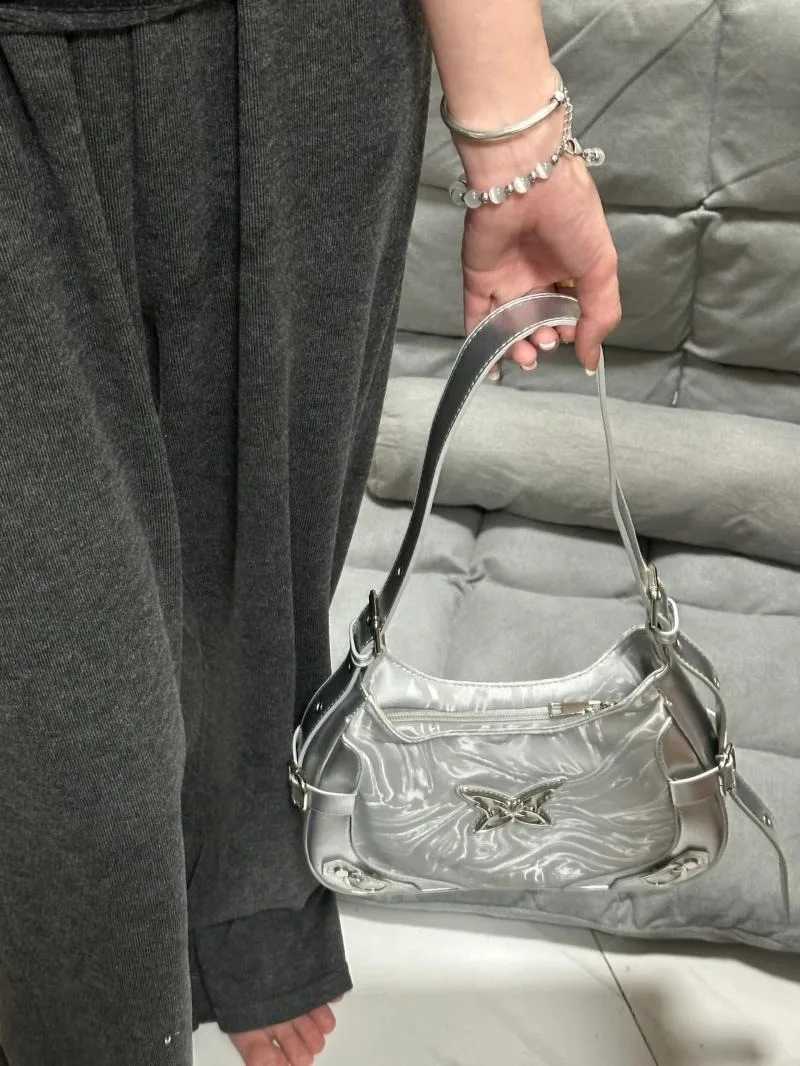 Vintage Butterfly Handbags for Women Silvery Y2k Gothic Underarm Shoulder Bag Spice Girls Fashion High Street Biker Bags 240913