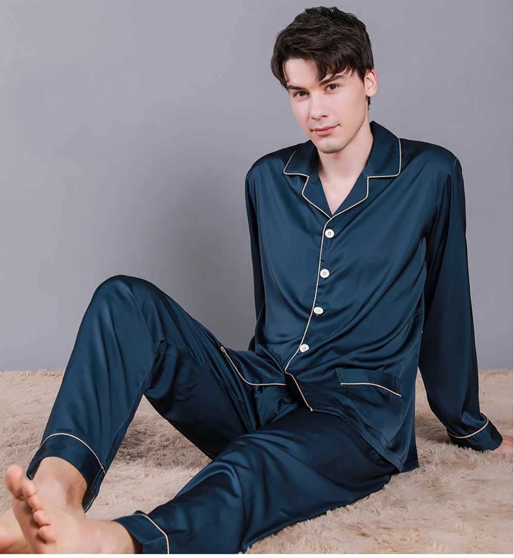 Men Summer Ice Silk Sleepwear Thin Breathable Pajama Sets Noble Solid Color Silk Pajamas Comfort Satin Pajama Male Casual Pijama Y240913