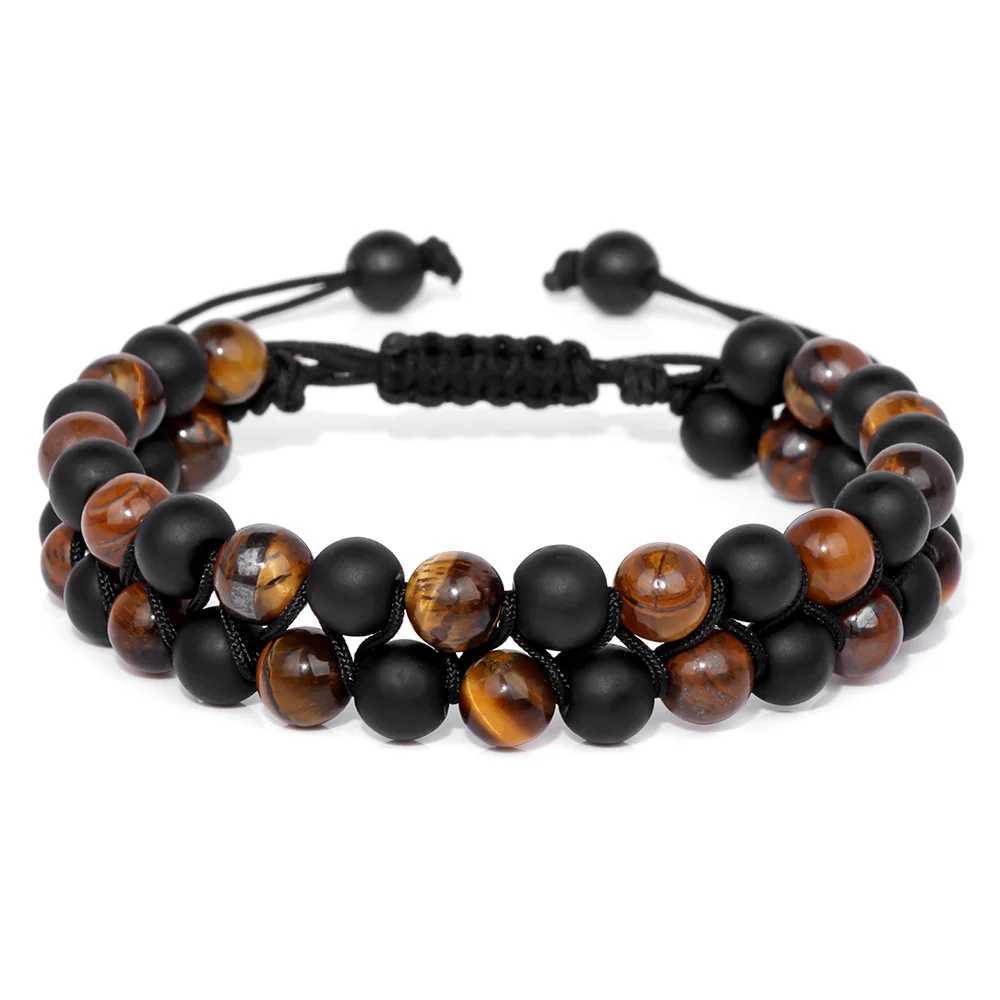 Mens triple protection stone bead bracelet double-layer tiger eye hematite obsidian rope packaging bracelet handmade jewelry gift W240913