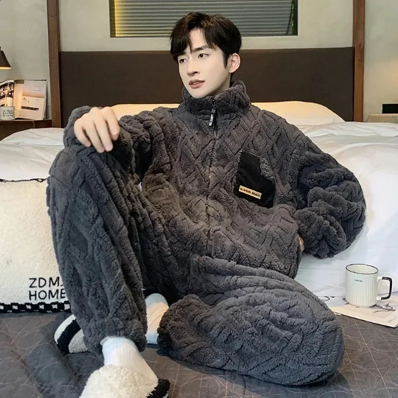 Antistatic Coral Fleece Mens Winter Pajamas Set Thicken Flannel Warm Sleepwear Big Size 3XL Zipper Soft Pajama Men pyjama homme 240913