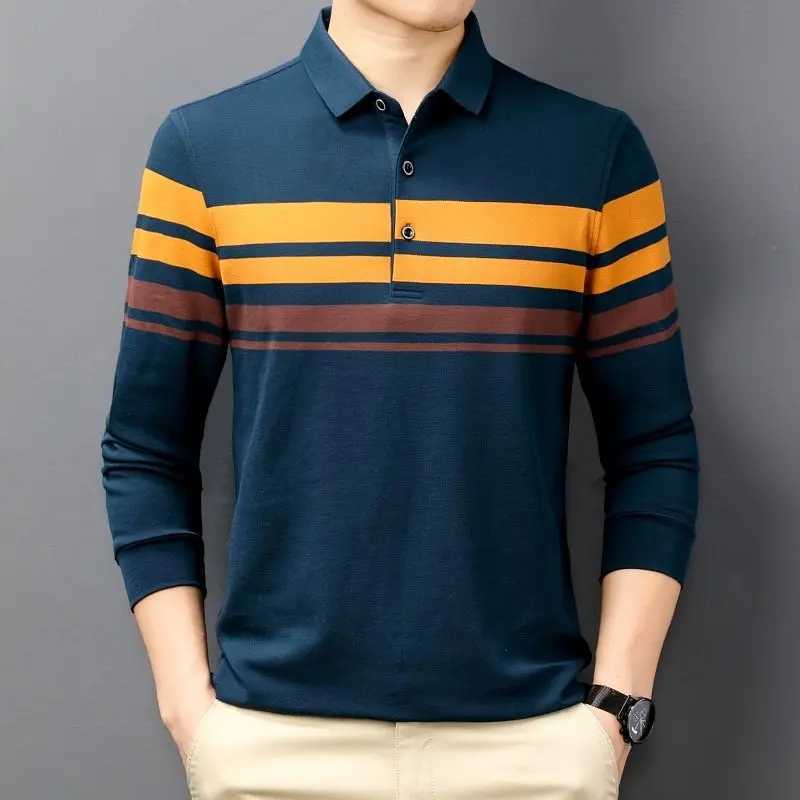 Fashionable Spring Mens Polo Neck Long Sleeve Comparison Button Polo Shirt Autumn Loose and Comfortable Casual Top W240913