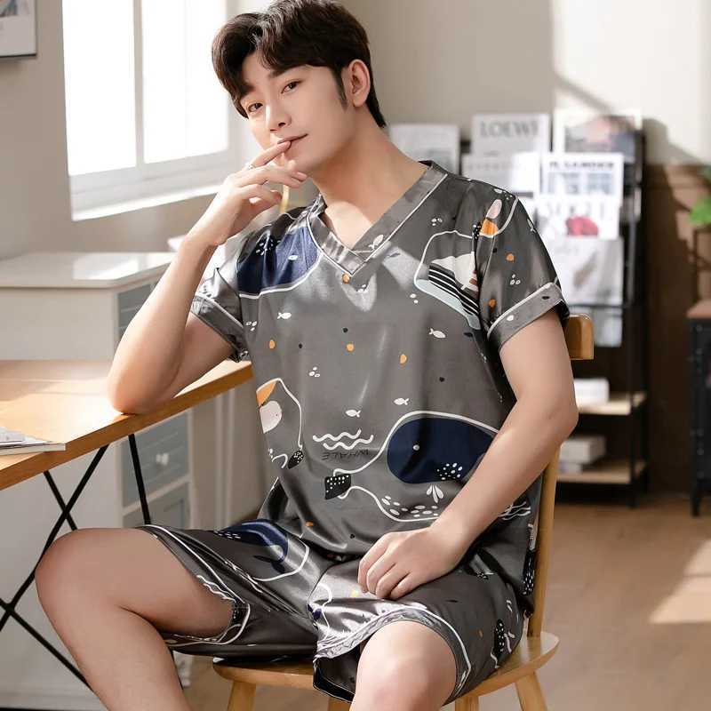 Summer Pajamas 3XL Men Silk Satin Pullover Shorts Two Piece Set Sleepwear Man Pajama Home Clothes Nightwear Men Sleep Lounge Y240913