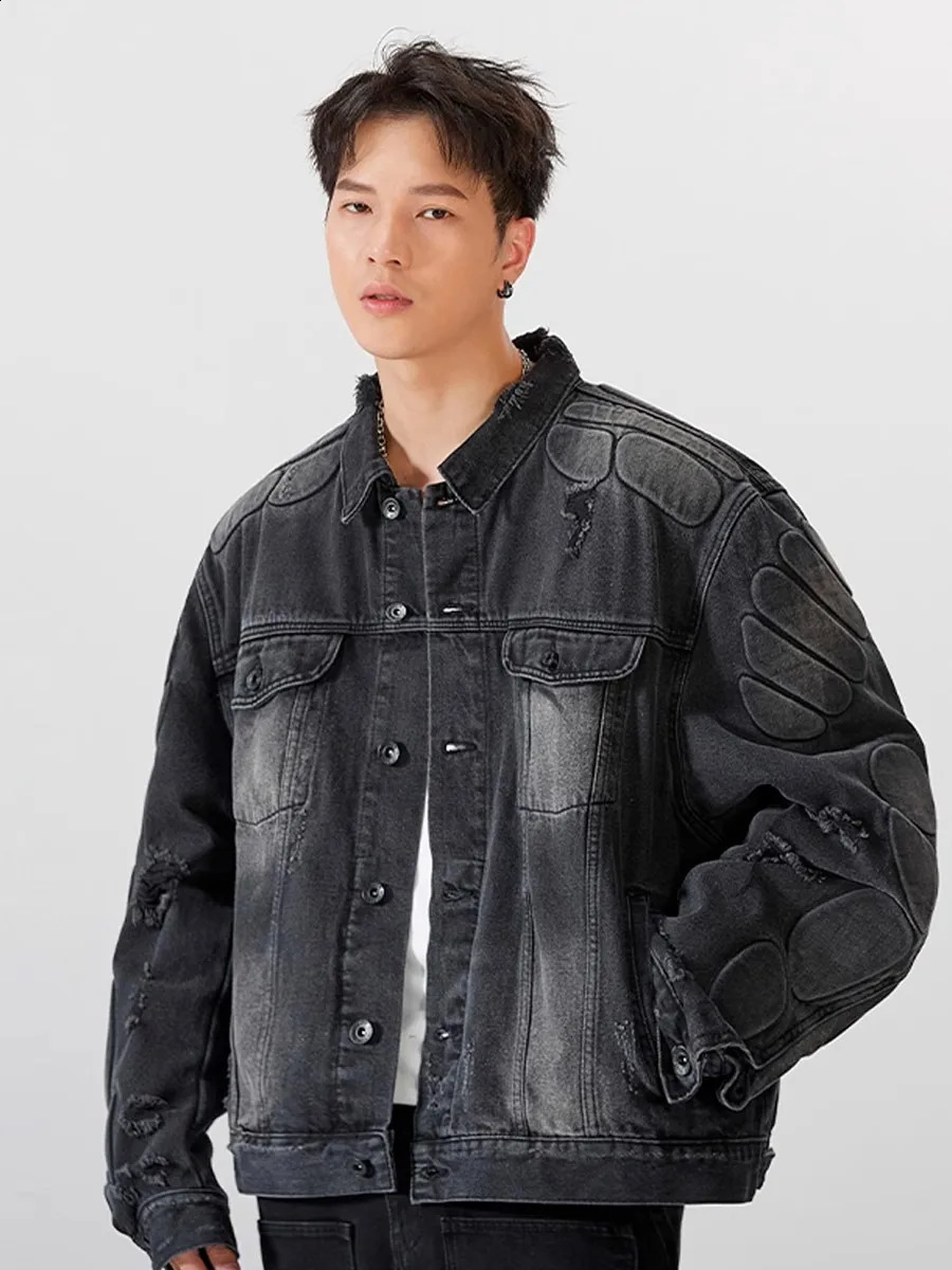 REDDACHIC 3D Padded Demi-season Denim Jacket Men Heavy Industry Vintage Wash Ripped Hole Y2k Oversize Coat Fall Winter Outerwear 240913