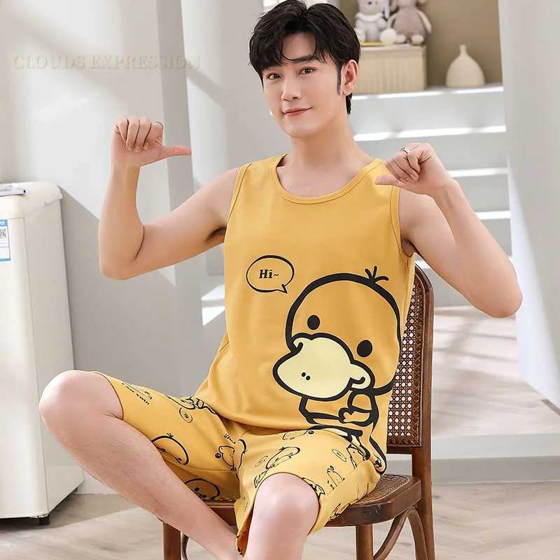 Summer Knitted Cotton Cartoon Duck Mens Pajama Sets Mens Sleep Lounge Sleeveless Shorts Pants Couple Pajamas Fashion Homewear Y240913