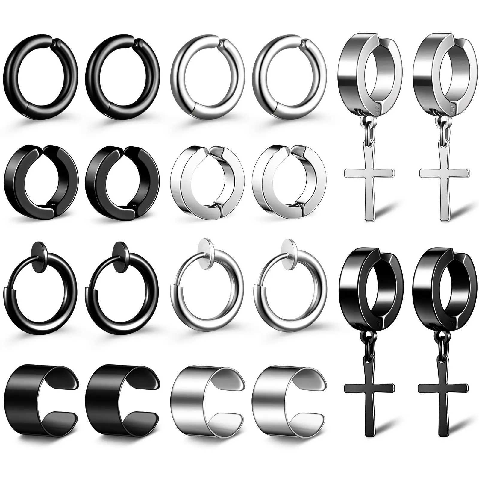 1 Pairs Ear Clip Earrings Set For Men Women Stainless Steel Non-Piercing Cross Dangle Hoop Unisex Clip On EarringsX240913