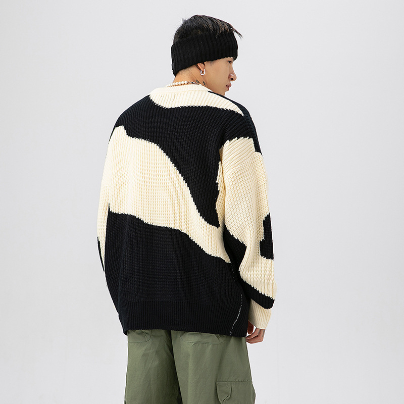 Men Sweaters American retro color blocked round neck sweater Korean version mens loose and trendy long sleeved casual knit sweater Mens crew neck swea