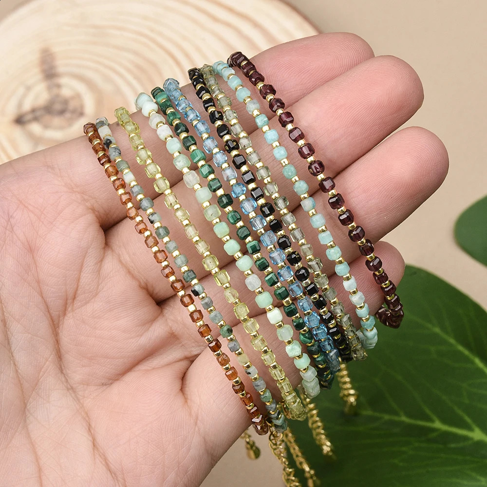 2MM Simple Natural Stone Faceted Cubes and Seed Beads Bracelet with Brass Clasp for Daily Wear Birthday Gift Women Jewelry 240906