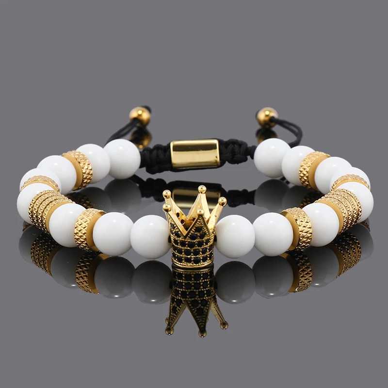Luxury natural stone bead stainless steel crown charm mens bracelet women handmade jewelry gift W240913