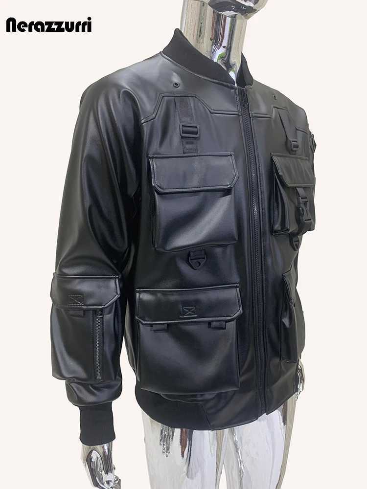 Nerazzurri Autumn Cool Handsome Waterproof Black Pu Leather Cargo Bommer Techwear Jacket Men with Many Pockets European ClothesX240913