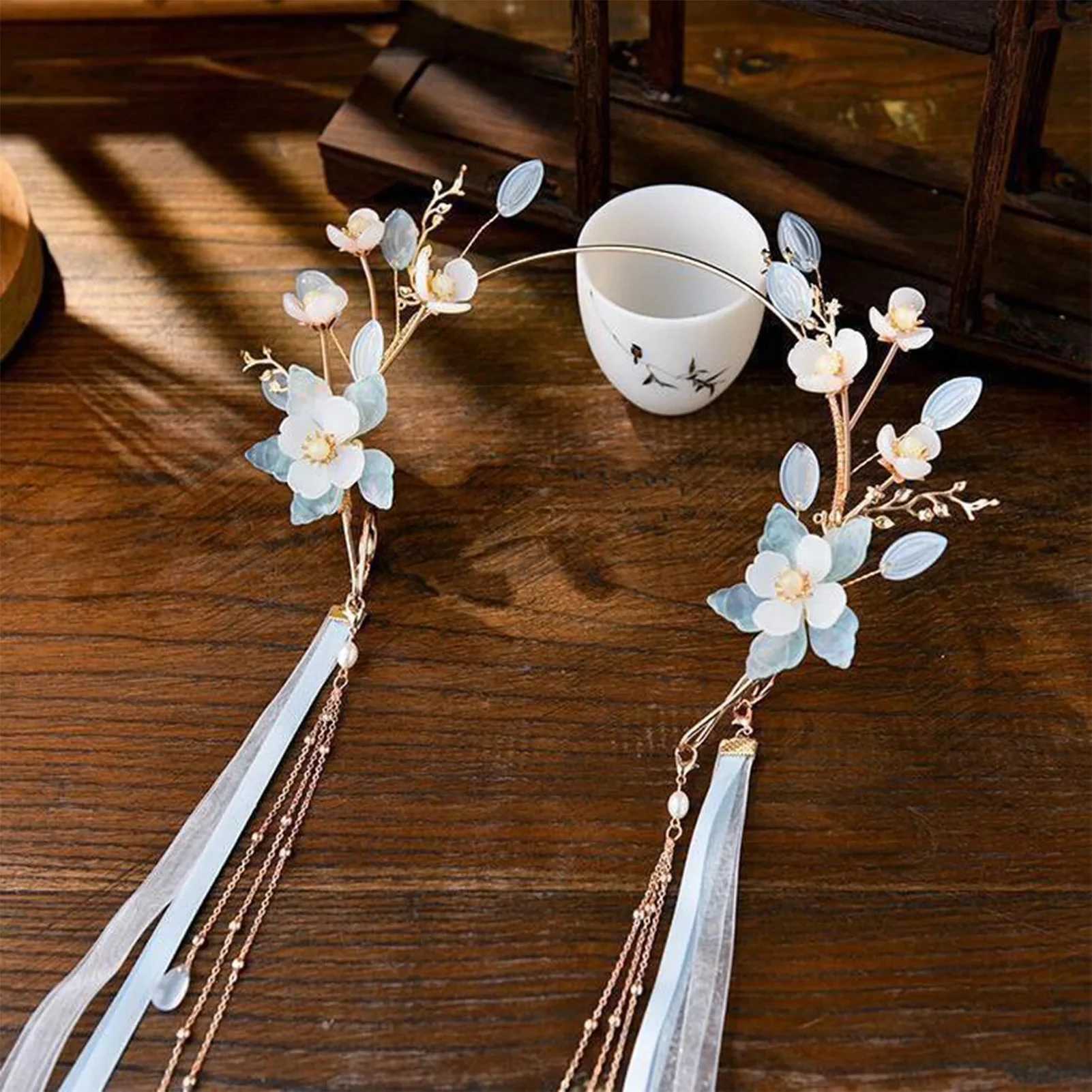 Blue Floral Hairband Chinese Wedding Hair Accessories Long Tassel With Ribbon Hair Hoop Fairy Hanfu Headbands Prom Hair JewelryX240913