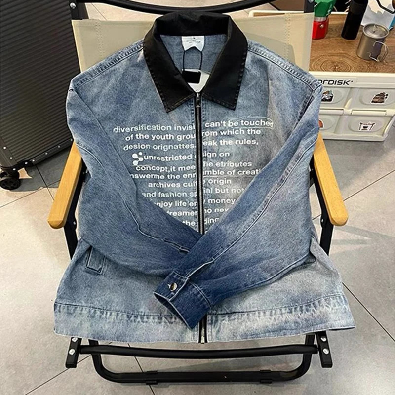 Mens Clothing Vintage Letter Zipper Denim Jacket Mens Spring And Fall Lapel Washed Biker Jacket Outerwears Coats Y2k 240913