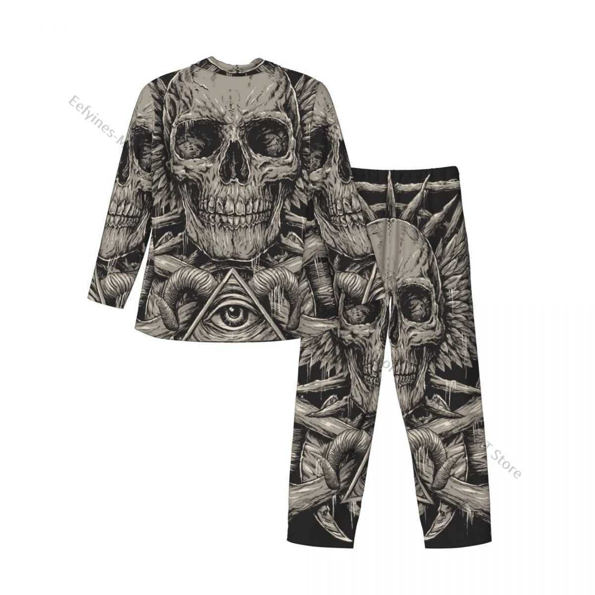 Mens Pajamas Sets Home Suits Heavy Metal Inspired Skull Sleepwear Loose Homewear Long-sleeved Casual Sets Y240913