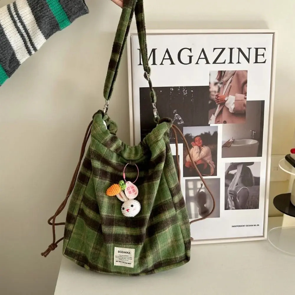 Korean style checkered drawstring bag large capacity Harajuku flat drawstring backpack aesthetic hiking Y2k backpack 240912