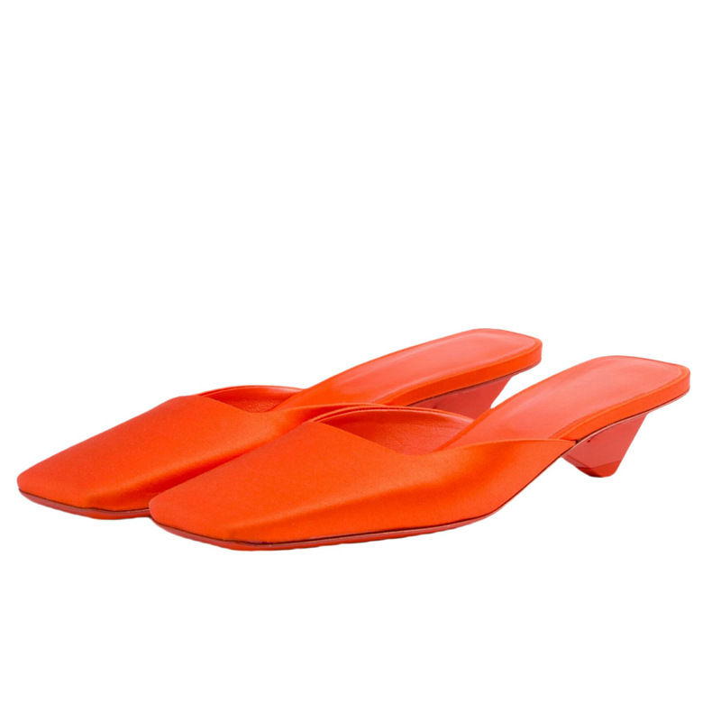Summer Square Head Shallow Mouth Satins Triangle Heel Slippers Fashion Minimalist Retro Commuting Casual Low Heel Sandals 43