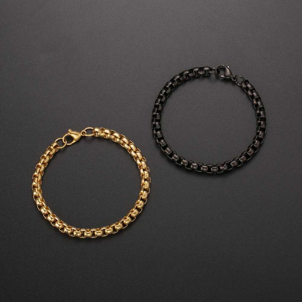 Wholesale Price 6MM Stainless Steel Plated Gold Black Square Pearl Chain Bracelet Fashion Jewelry For Men and Women 18/20cmX240913