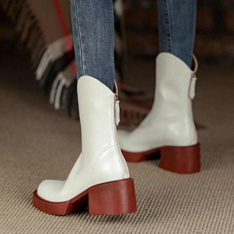 Hot Cow Leather Autumn Winter Round Toe Thick Heel Ankle Boots Fashion ZIP Women Shoes Mid-Calf WESTERN Platform