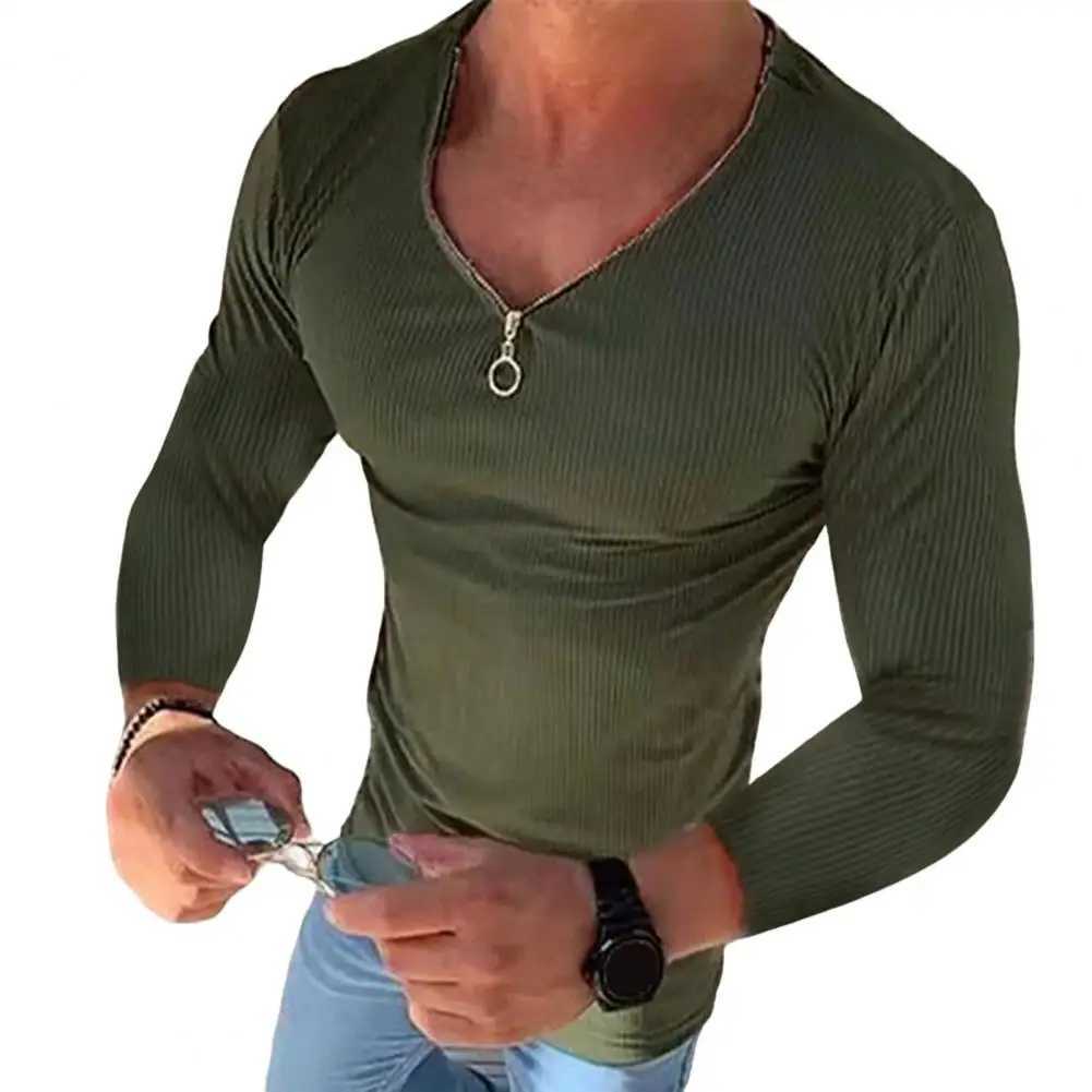 Mens solid color long sleeved V-neck satin elastic street clothing spring and autumn slim fit zipper T-shirt top-level mens clothing W240913