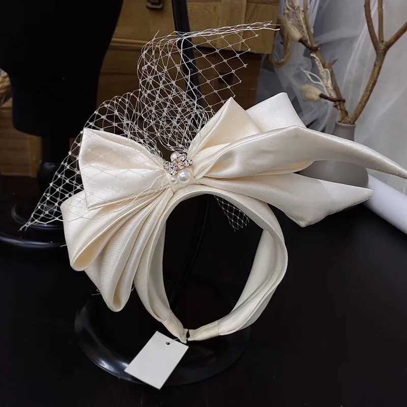 Vintage Champagne Mesh Bow Headband Bridal Headdress wedding hair AccessoriesX240913