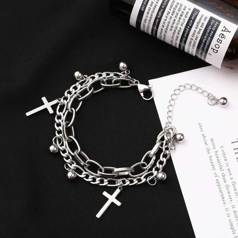 Gothic Hip Hop Metal Cross Pendant Charm Bracelet for Women Female Beads 2 Layering Linked Chain Bracelets Cool Jewelry GiftX240913