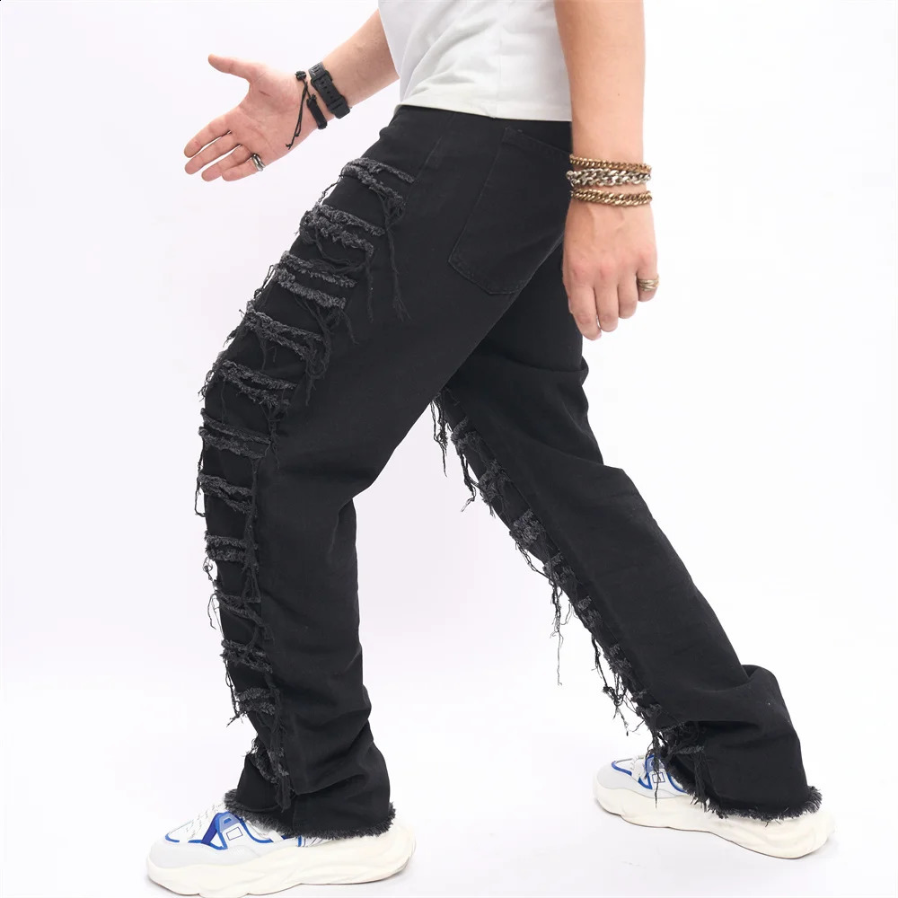 Mens HipHop Stacked Spliced Biker Jeans Stylish Men Street Loose Cotton Solid Male Straight Denim Pants 240912