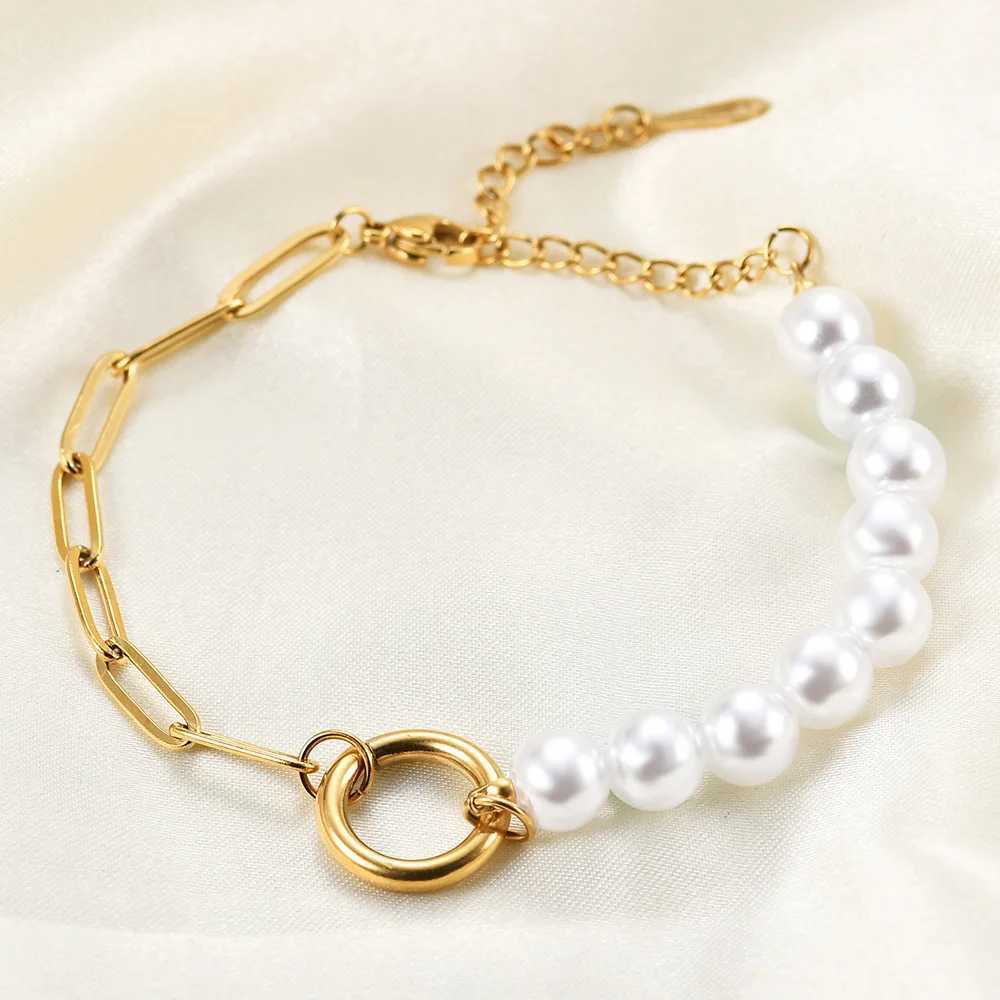 HNSP Stainless Steel Imitation Pearl Bracelet For Women Vintage Design Stitching Hand Chain Jewelry AccessoriesX240913