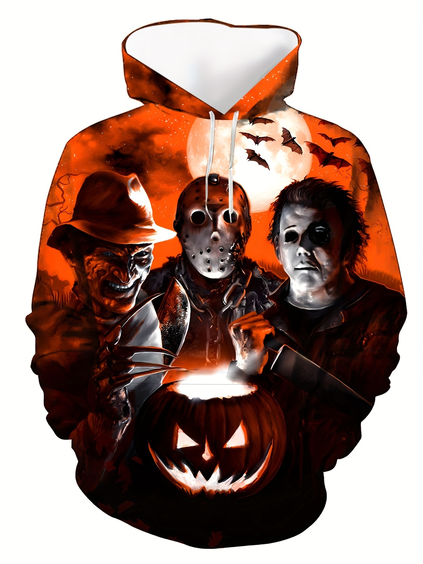 Festive 3D Printed Horror Characters and Pumpkin Hoodie for Men - Party Wear, Polyester Material, Long Sleeves, Regular Fit, Digital Heat Transfer Pri
