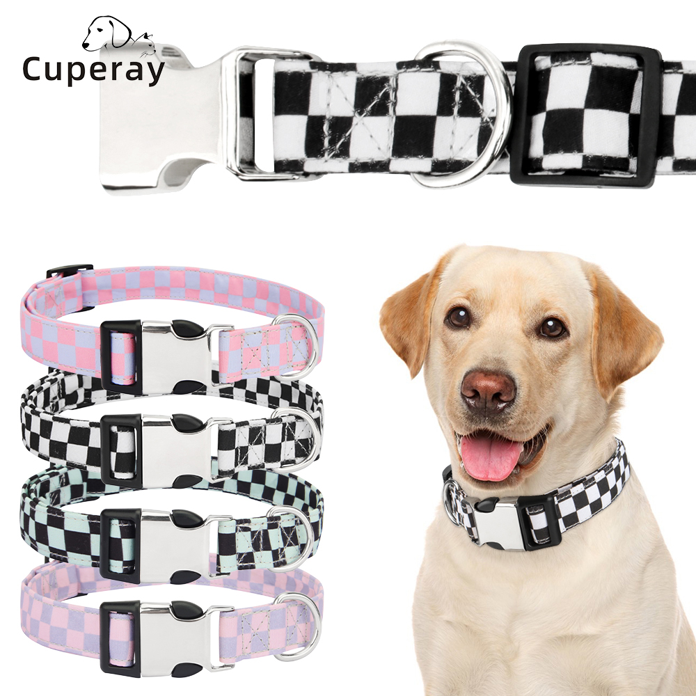 Dog Collar Adjustable Soft Comfortable for Small Medium Large Dogs Cats Outdoor Walking Running Checker Pattern Dog Accessories