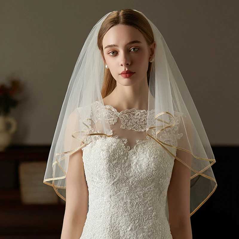 V773 Handmade Wedding Bridal Veil White Two-Layer Plain Tulle Gold Satin Edge Brides to Be Veil with Alloy Hair CombX240913