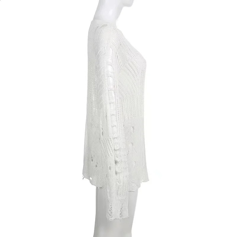 PTKPCC Vintage White Ripped Hole Grunge Sweater Women Casual Loose Jumper Solid Long Pullovers Knitted Hollow Out Holidays 240911