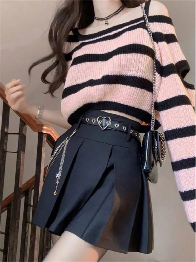 Y2k Aesthetic Harajuku Women Cropped Sweater Fashion Striped Loose Pull Femme Off Shoulder Casual Grunge Knitted Chandails 240911
