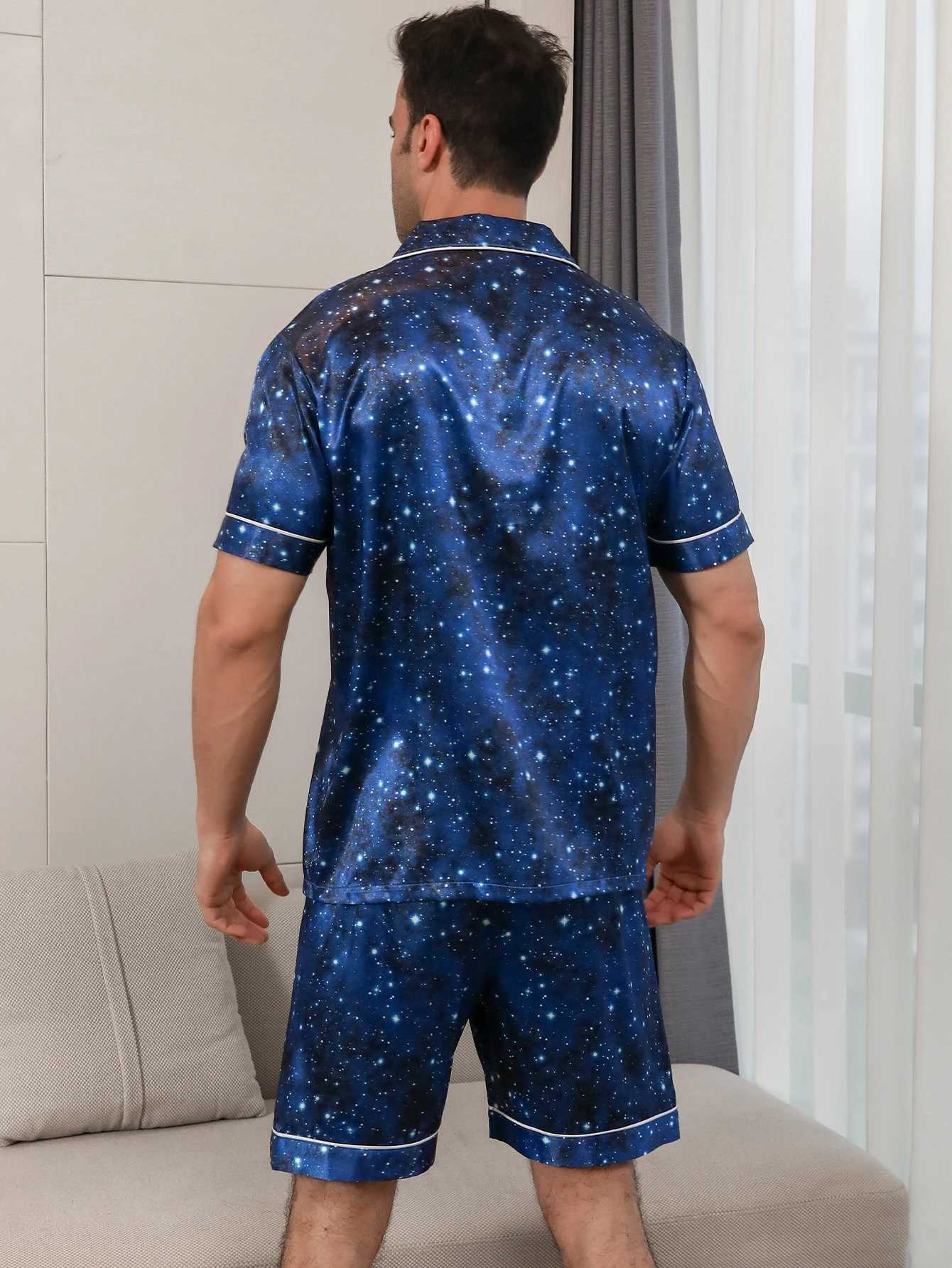 Two piece sets for mens pajamas summer short sleeved shorts star patterned printed home clothes sleepwear set Y240913