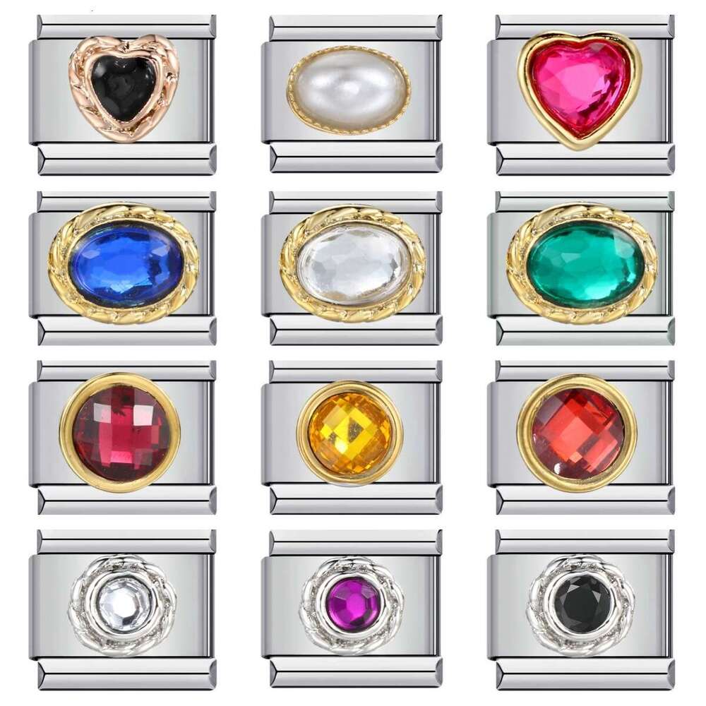 New Micro Inlaid Color Zircon Beads Bracelet Titanium Steel Gold Plated DIY Italian Charm Links Stainless Steel Fit 9mm Bracelet Jewelry DIY Making Gi