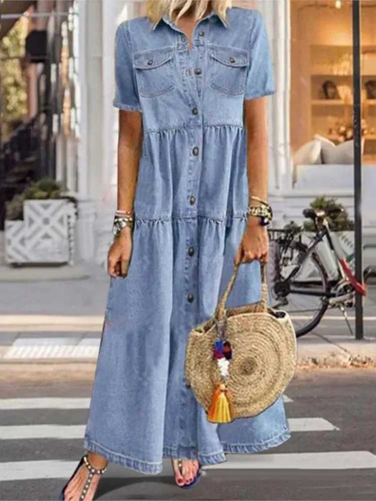 2024 Spring/Summer Womens New Denim Style Long Single Chest Multi Button Retro Short Sleeve Dress W240913