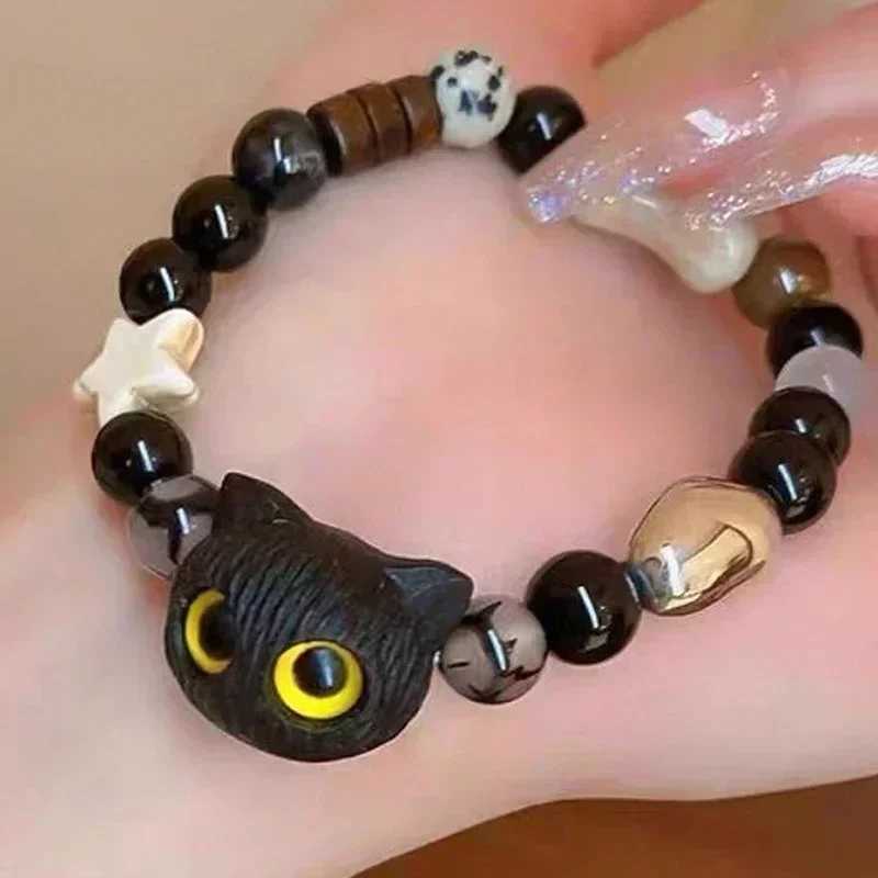 Cute natural stone black cat bracelet for mens fashion cartoon animal bead bracelet handmade fashion girl jewelry gift W240913