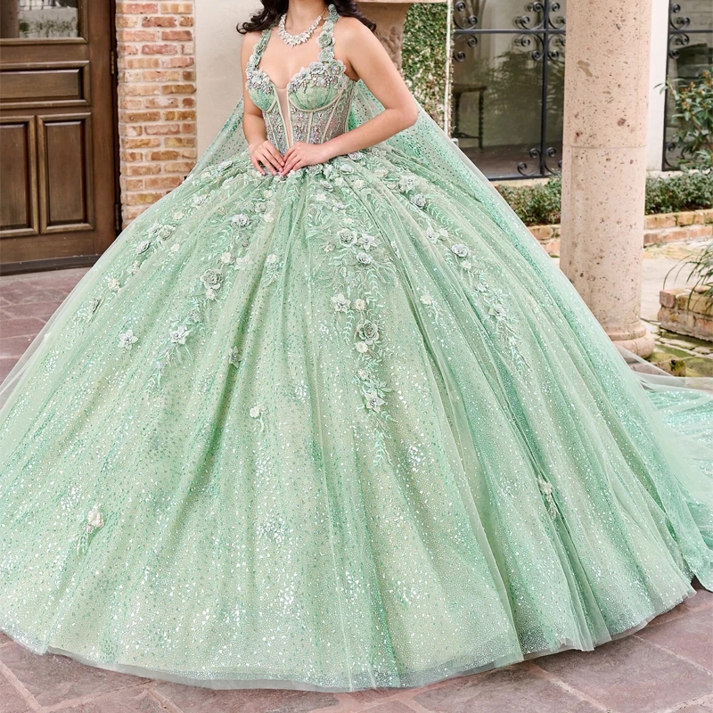 Mint Green Shiny Quinceanera Dresses Ball Gown Lace Applique Beaded Tull With Cape Corset Sweet 16 Dress Vestido De 15 Anos