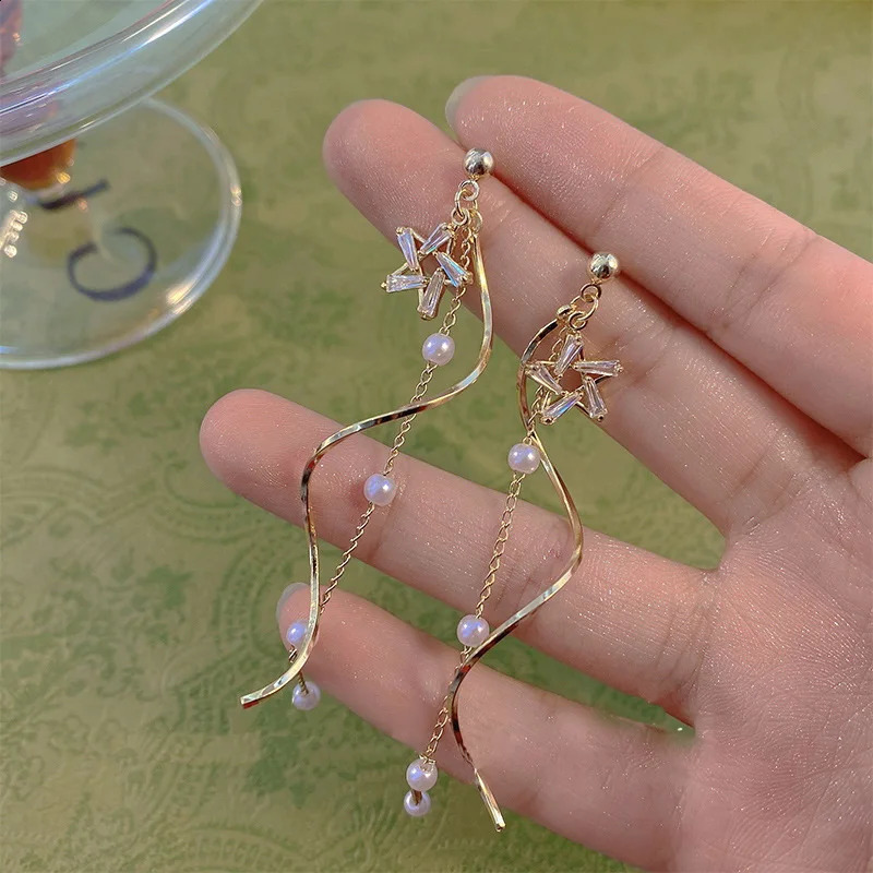 Temperament Crystal Star Tassel Drop Earrings For Women Long Ear Line Bowknot Leaves Girls Wedding Party Jewelry 240906