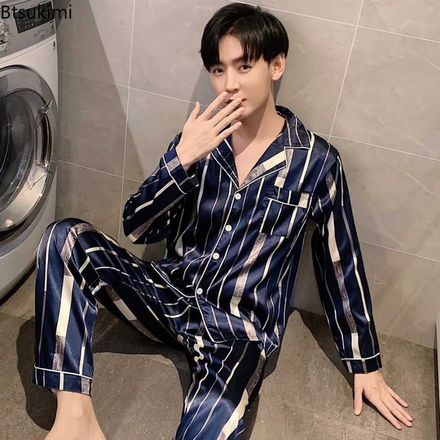New Loungewear Mens Fashion Long Sleeve+Pants Satin Soft Pajama Sets Comfort Jacquard Ice Silk Home Wear Sleepwear Suit for Men Y240913