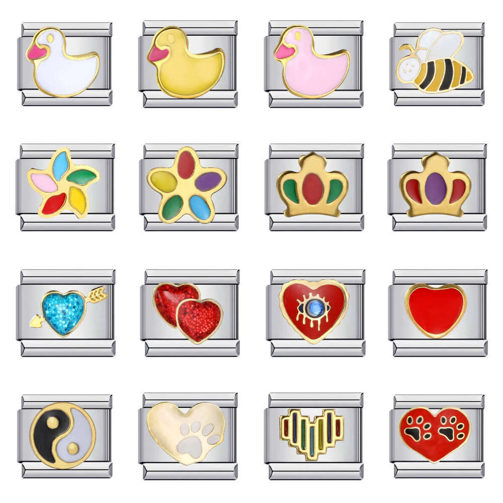 New Stainless Steel Welding Pattern Gold-Plated Enamel Wristband Cartoon DIY Italian Bracelet Charm Links Stainless Steel Fit 9Mm Bracelet Jewelry Mak