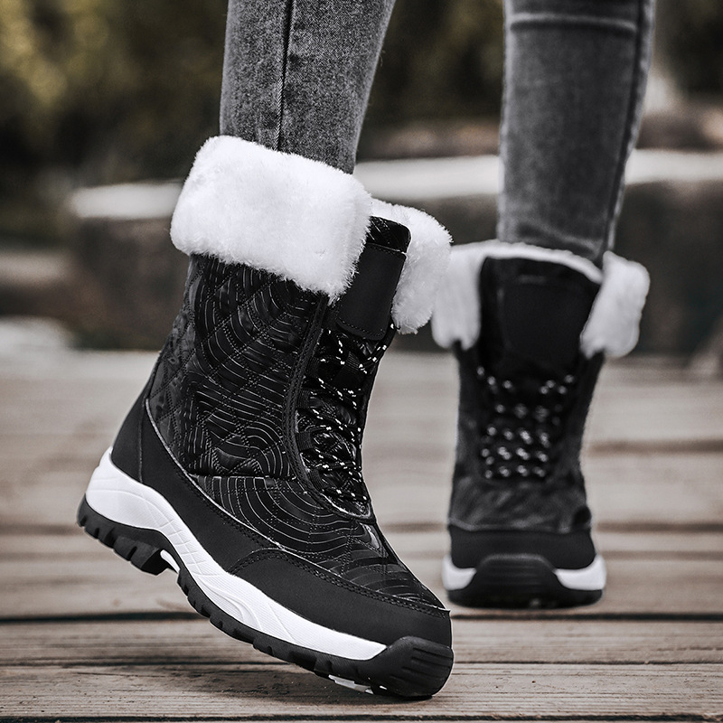 Winter warm women's cotton for outdoor Northeast high top lace up casual shoes with plush lining and thick sole snow boots
