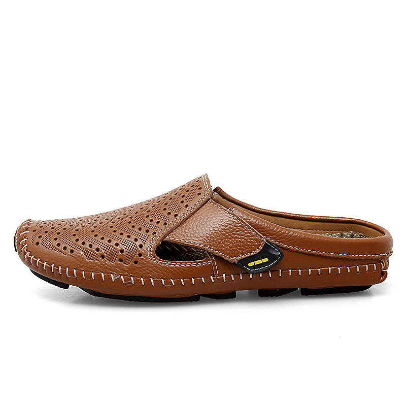 New Genuine Leather Men's Slippers Summer Breathable Casual Mules Light Half Shoes For Men Outdoor Anti-slip Driving Loafers Man