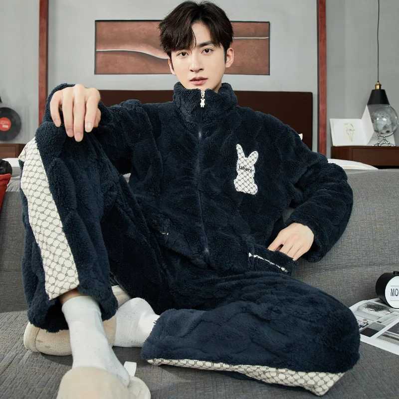 Letter Print Mens Zipper Pajama Sets Coral Fleece Winter Warm Pajamas Male Thick Homewear Stand Collar Thermal Flannel Sleepwear Y240913