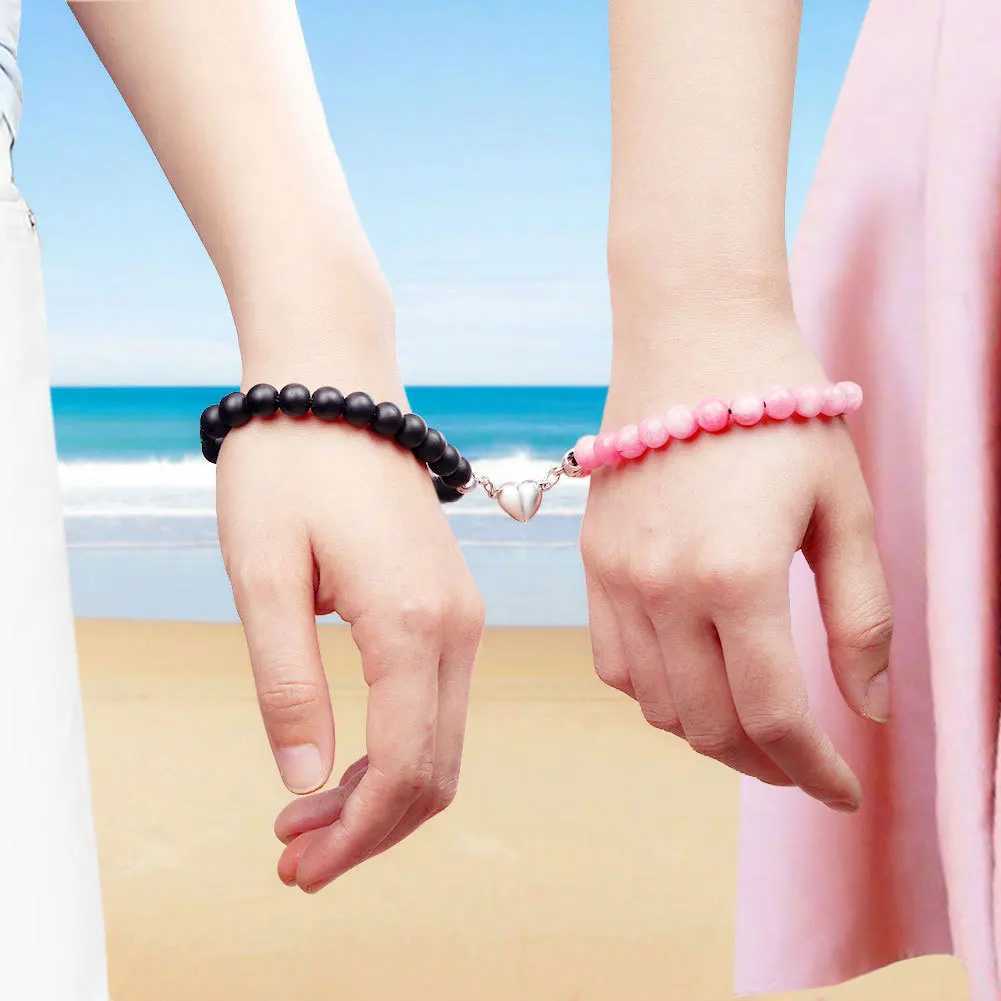 2PCS/Set Bead Bracelet Couple Natural Stone Distance Magnetic Heart Bracelet Mens Fashion Wedding Jewelry Gift W240913