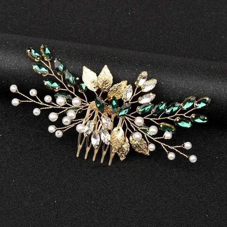 Hair Pins for Women Head Jewelry Wedding Hair Accessories Green Rhinestone Handmade Bridal Headwear Prom Bride HeadwearX240913