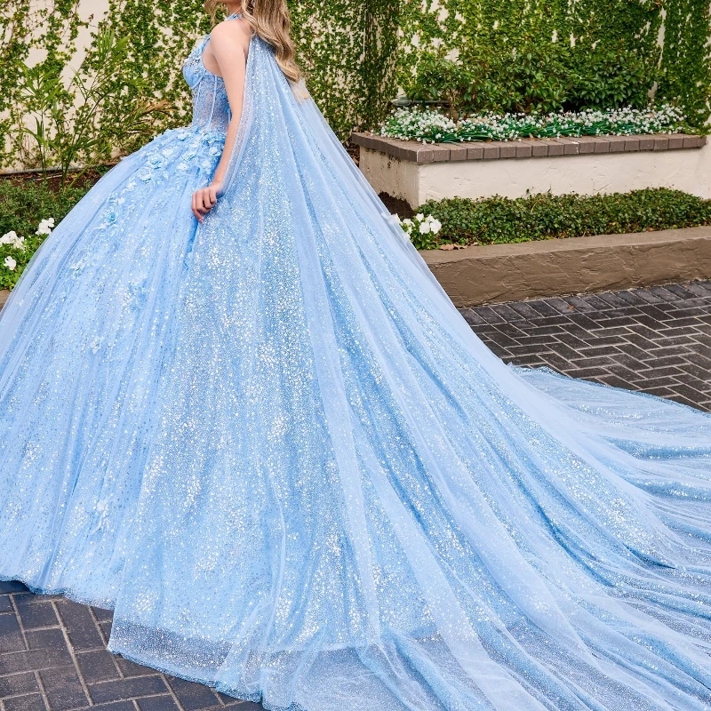 Sky Blue Shiny Quinceanera Dresses Ball Gown Lace Applique Beaded Tull With Cape Corset Sweet 16 Dress Vestido De 15 Anos