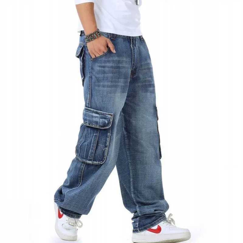 Large Size Loose Jeans Men Denim Pants Straight Pocket Baggy Casual Streetwear Hip Hop Brand Blue Wide Leg Cargo Trousers M240912