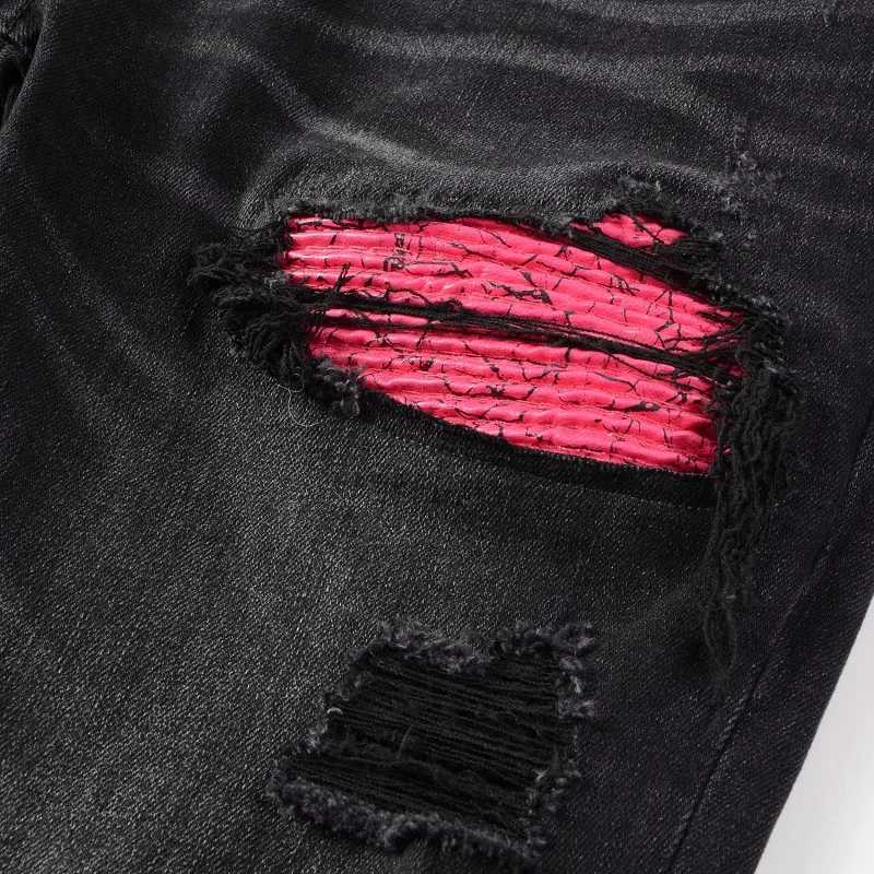 Men Cracked Leather Patch Biker Jeans Streetwear Pleated Patchwork Holes Ripped Stretch Denim Pants Skinny Tapered Trousers M240912