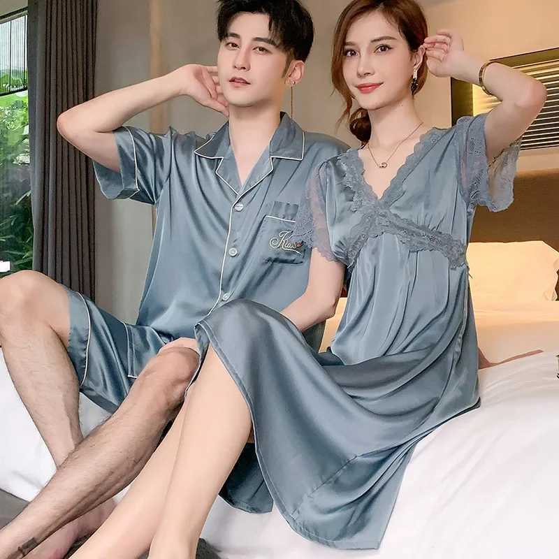 Couples Satin Silk Nightwear Plus Size Mens Short Sleep Sleeves Sleep Tops Shorts Pajamas Set Women Nightdress Home Clothes Y240913
