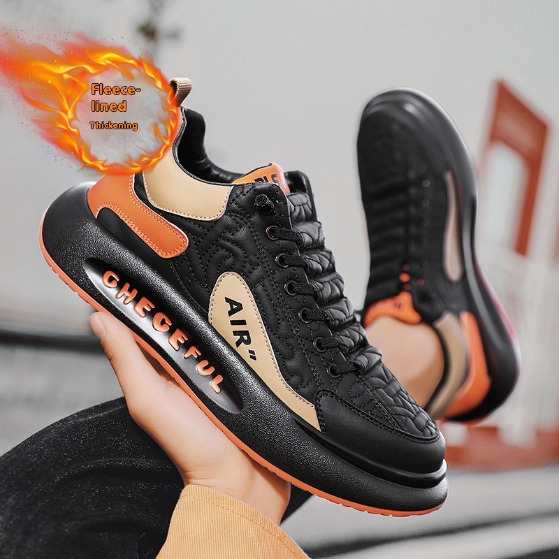 Leather low cut ankle sports for students, outdoor men, thick soled casual shoes, autumn and winter new styles, with plush warm cotton shoes