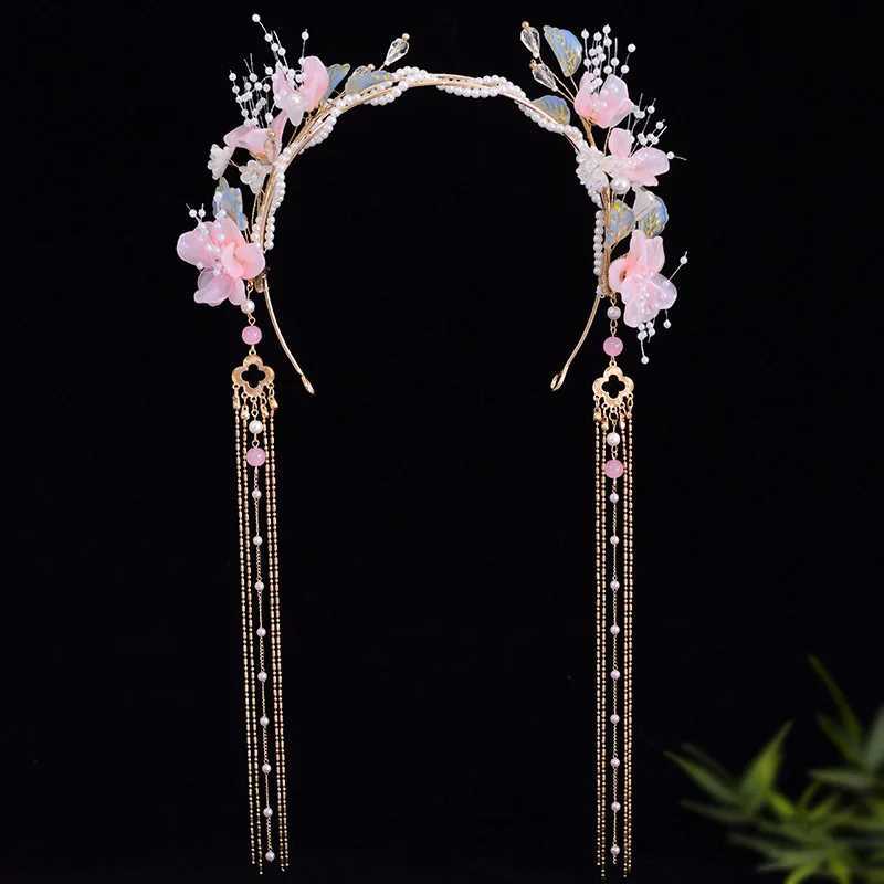 Pearl Hairband Chinese Hanfu Hair Accessoreis Floral Long Tassel Headband Vintage Wedding Hair Hoop Fairy Hair Jewelry For WomenX240913
